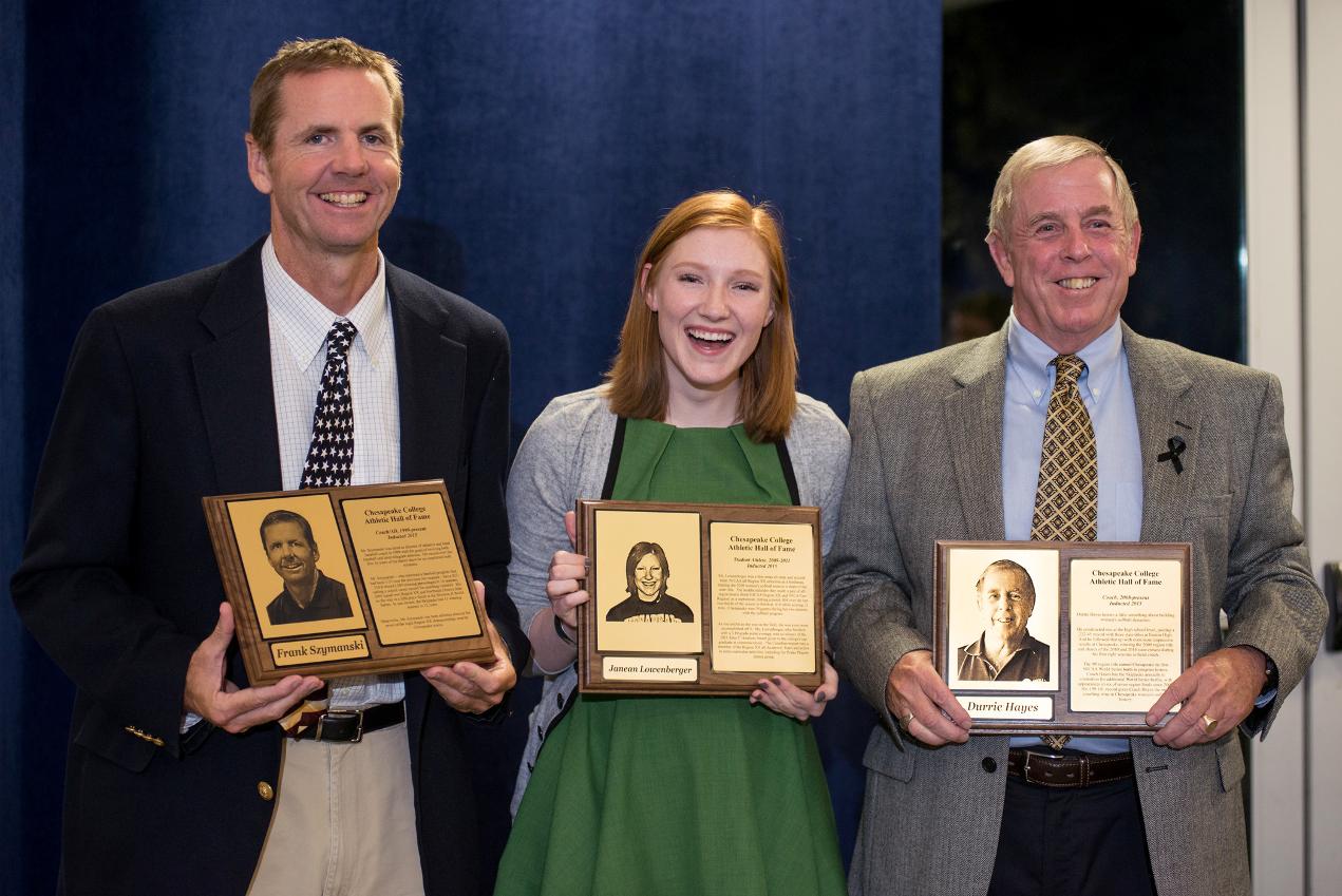 Photo by Tom Miller:

Chesapeake College held its 12th annual Athletic Hall of Fame induction dinner on Thursday night.  Inductees, left to right, included Frank Szymanski (head baseball coach/athletics director), women&rsquo;s softball student athlete Janean Lowenberger, and Durrie Hayes (head women&rsquo;s softball coach).  The college&rsquo;s last four women&rsquo;s basketball teams &ndash; each of which won the Region XX championship &ndash; were also inducted in the team category.