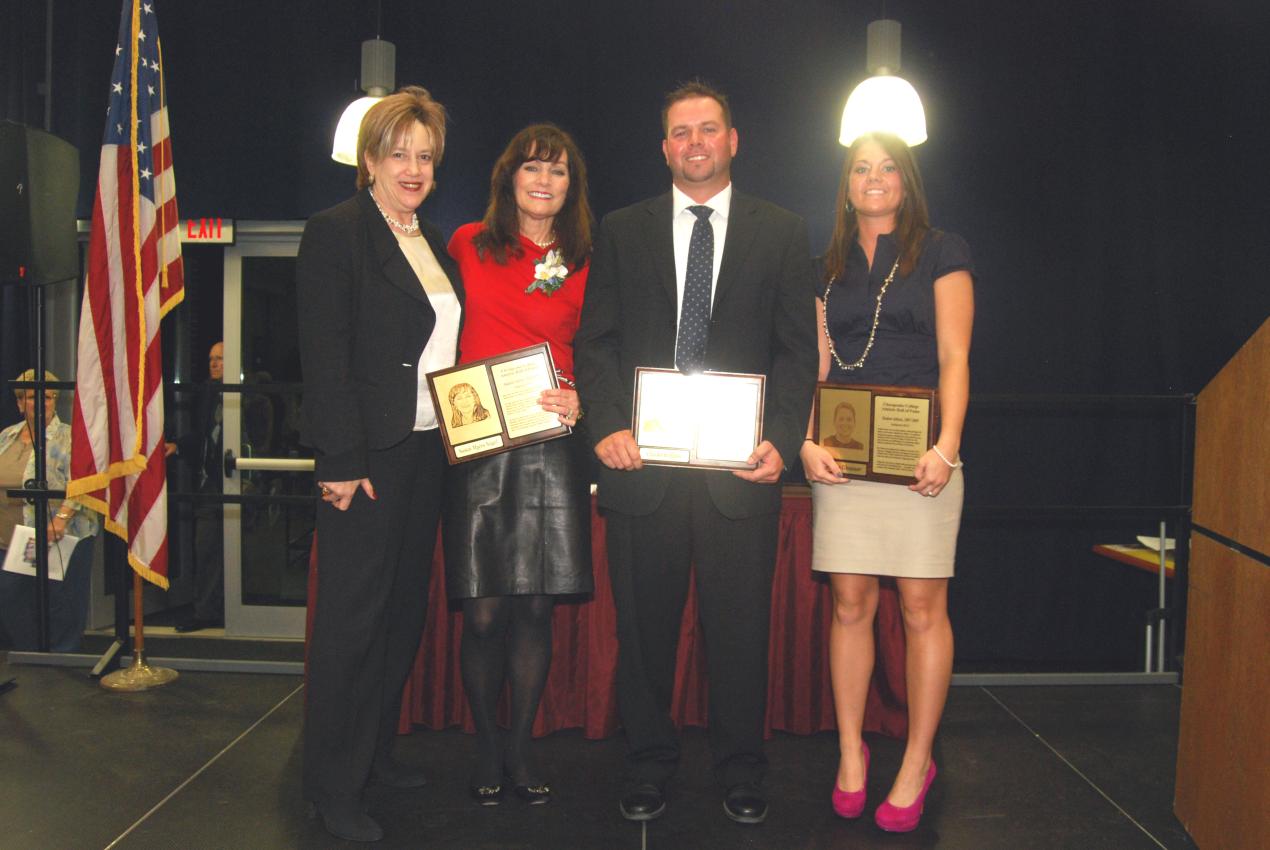 Chesapeake College&rsquo;s Athletic Hall of Fame welcomed its Class of 2012 Thursday night with the induction of Susan Myers  Nagel, Clarke Rollins and Jordan Glessner as individuals along with the 1973-74 men&rsquo;s basketball and 1981 women&rsquo;s softball teams.  Pictured, left to right, are Chesapeake College President Dr. Barbara Viniar, Nagel, Rollins and Glessner.